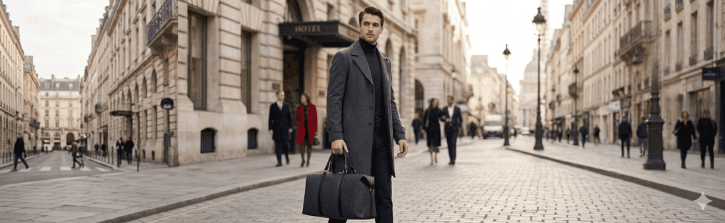 Man with designer duffel bag on a European cobblestone street